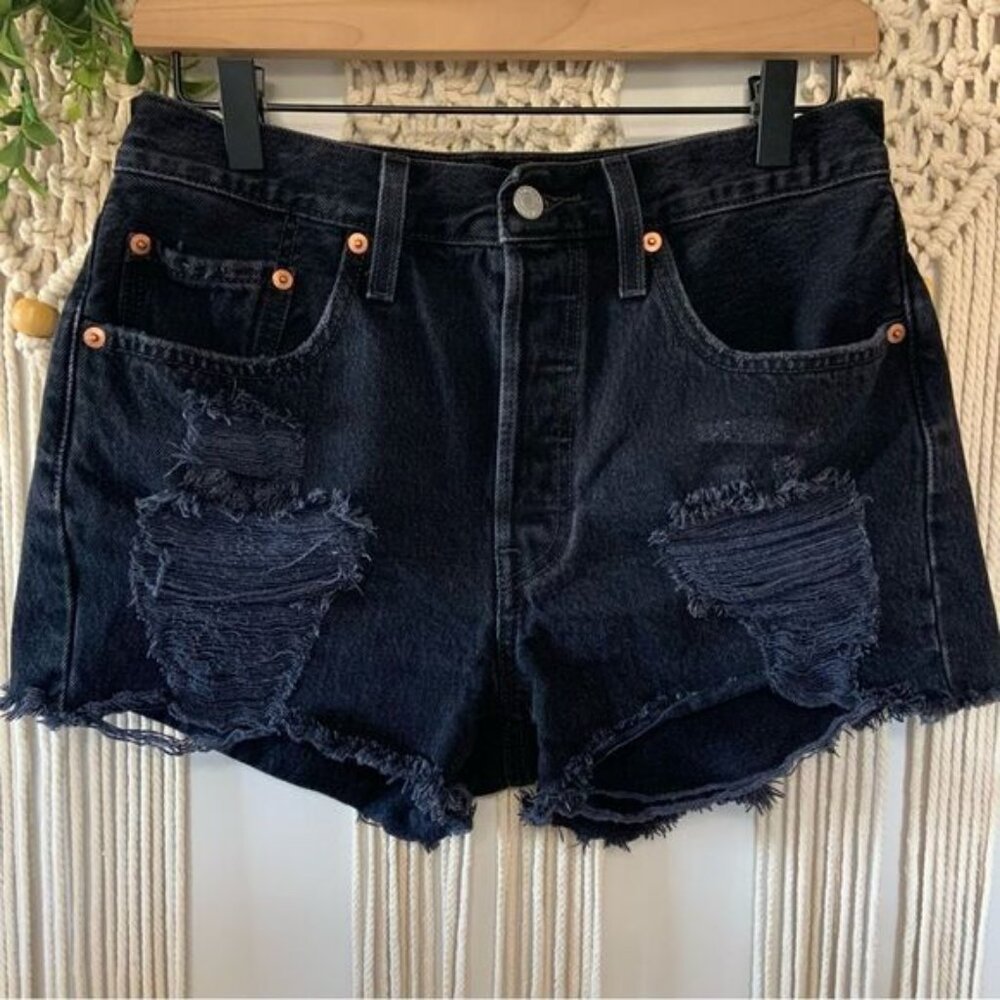 LEVI’S 501 High Waisted Button Fly Distressed Raw Hem Denim Shorts Black 28